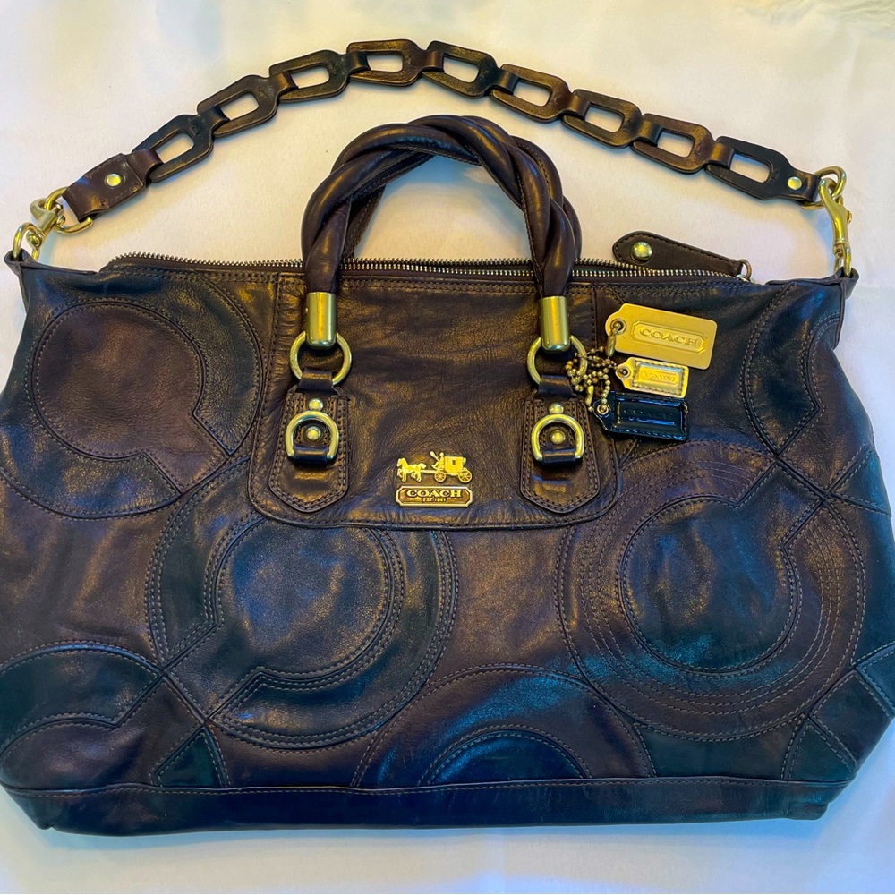 Large Black and Brown Leather Coach Handbag